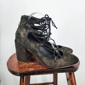 Latigo Anthropologie Kamila Black Lace Up Studded Heel Black And Gold 9.5